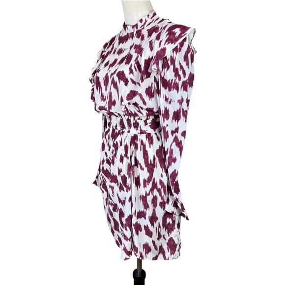 Isabel Marant Etoile 38 White Maroon Tie Dye 100% Silk Long Sleeve Ruffle Dress - Picture 3 of 13